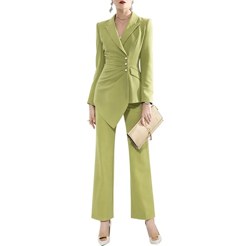 

Trendy Business Professional Ruched Lapel Women Work Suits Ladies Pants Suit