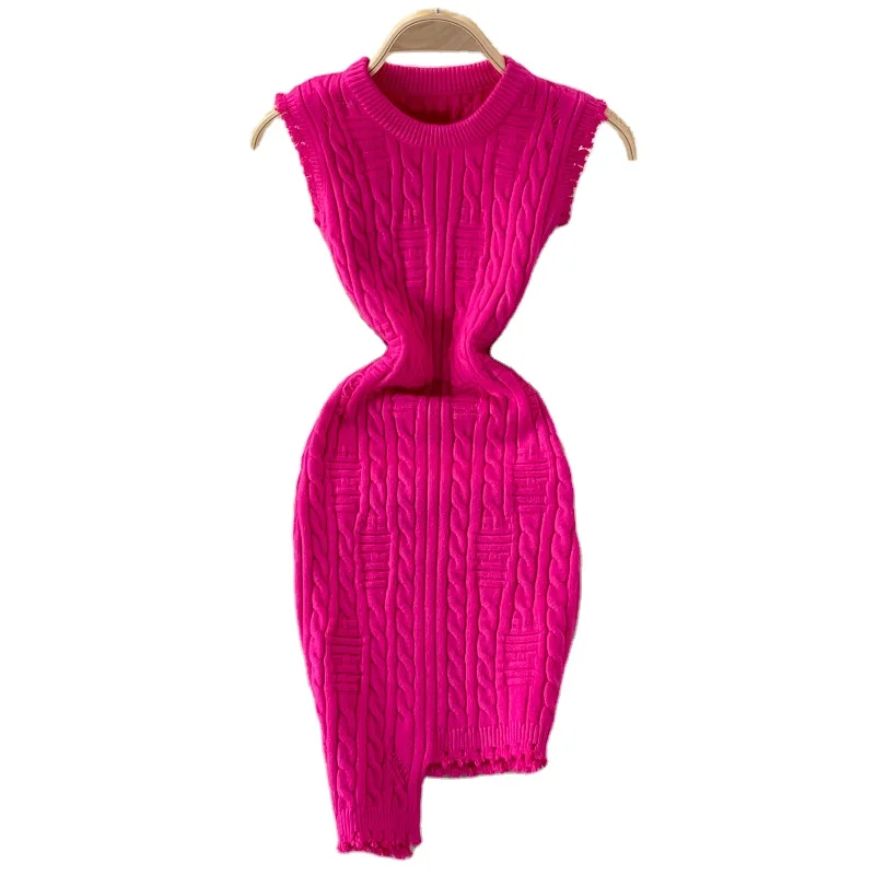 

New Arrivals 2022 Spring Women Sweater Dresses Wholesale Fashion Solid Color Sleeveless Women Knitted Mini Bodycon Dress, 5 colors