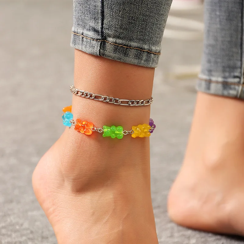 

New Stackable Three-dimensional Foot Aesthetic Accessory Transparent Animal Candy Color Resin Beads Gummy Bear Y2K Style Anklet