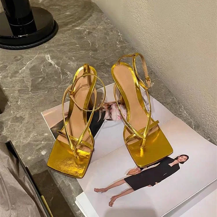 

2020 Brand sexy gold strips and square head women's high-heeled sandals
