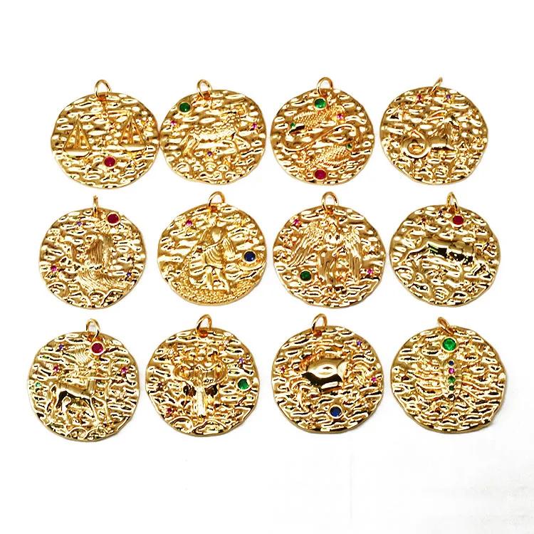 

CZ8263 Star Constell Rainbow Gold Plated CZ Micro Pave Horoscope Zodiac Sign Round Coin Disc Pendant for Necklace