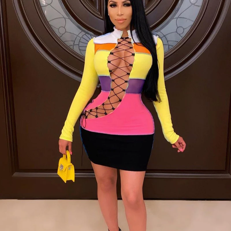 

2021 Sexy Latest Designs Contrast Color Hollow Out Mini Dresses Mock Neck Long Sleeve Bodycon Short Dress Party Club For Women, Yellow