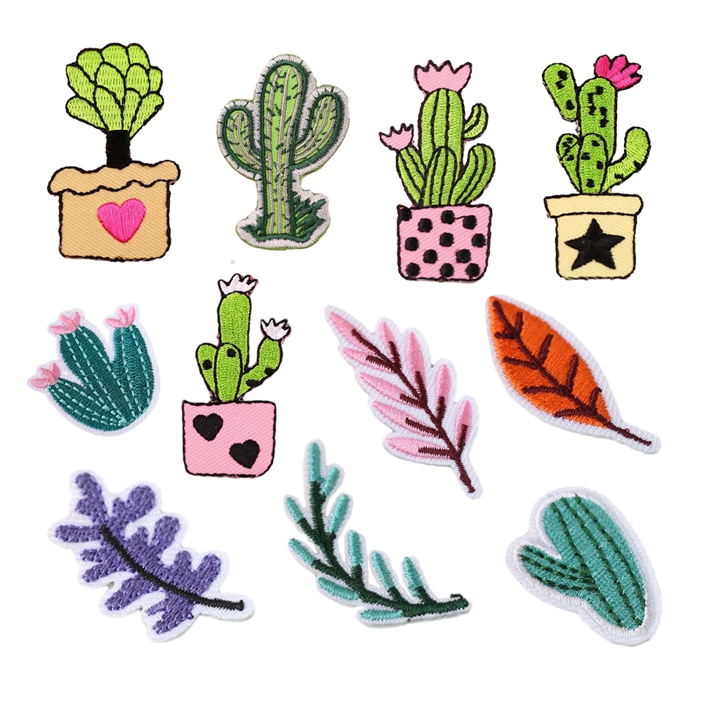 

latest design small size leaf cactus plant embroidered iron on patches bulk for kids clothes