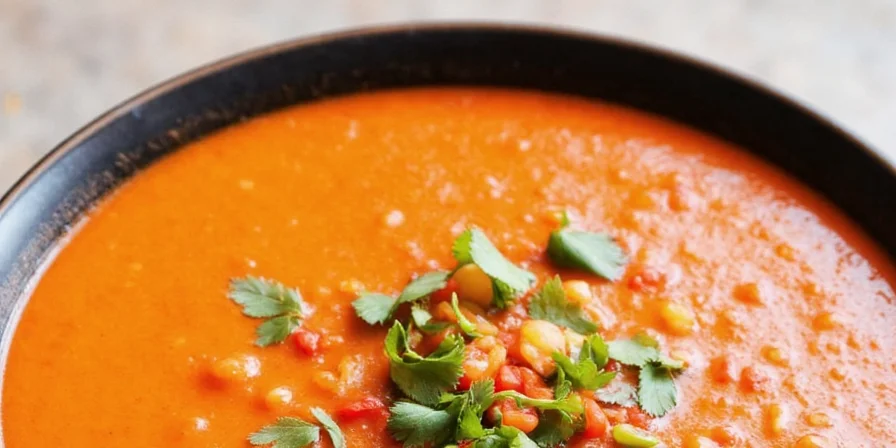 A steaming bowl of spicy red curry soup