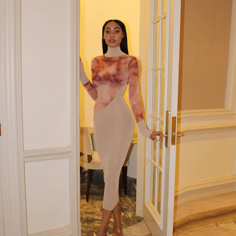 

Hot selling new fashion round neck and long sleeve floral print dresses for women