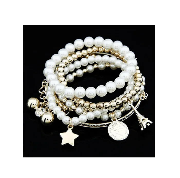 

Multi Element Eiffel Tower Elasticity Retro Stackable Alloy Silver Plating Multilayer Pearl Beaded Bracelet For Women Jewelry