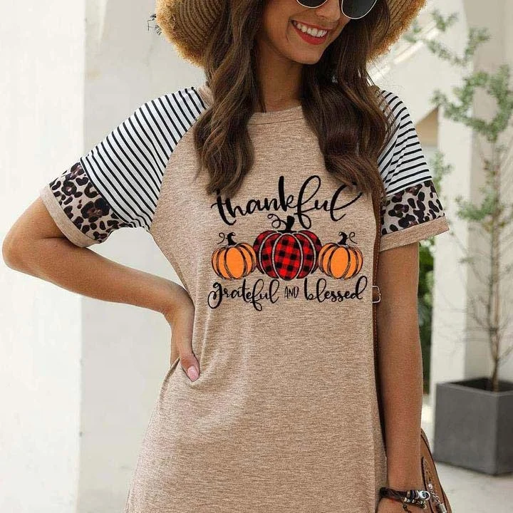 

Women's Thankful Grateful And Blessed Leisure Printed Short Sleeve Leopard Print Stitching Casual T-shirt For Halloween, White