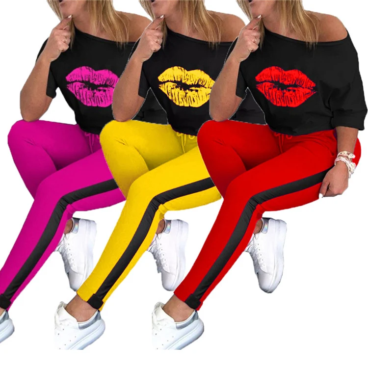

2020 Lady 2 Pcs Lips Print Tops Pants Jogging Track Suits Plus Size Summer Women Two Piece Set, Custom color