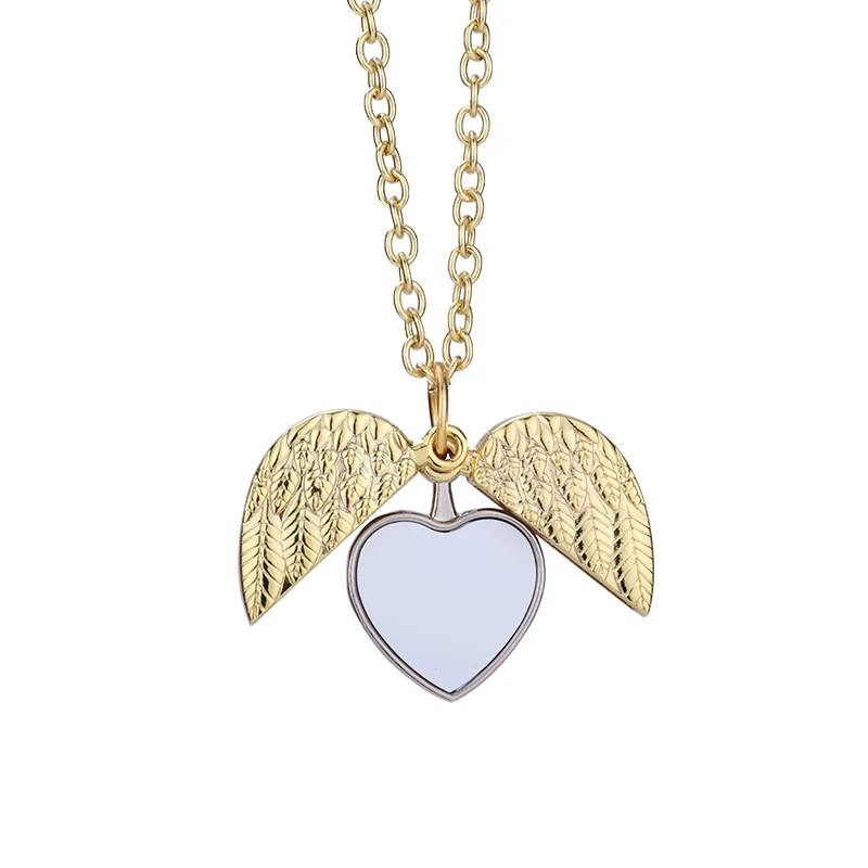 

Mothers Day Gifts Sublimation Blank Angel Wings Pendant Locket Photo Necklace, Silver gold