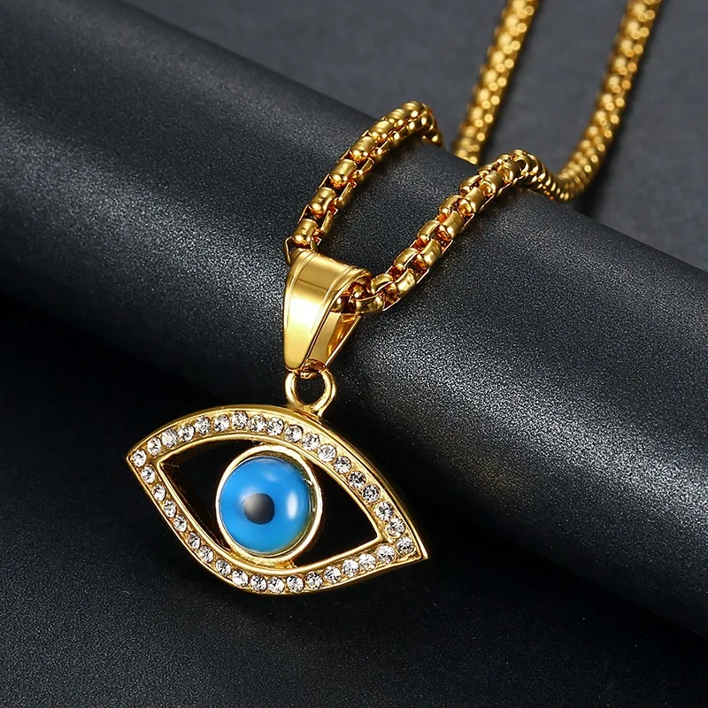 

Hips Hops Turkish Jewelry Bling Rhinestone Iced Out Blue Evils Eyes Necklace Gold Color Stainless Steel Eye Pendant Necklace