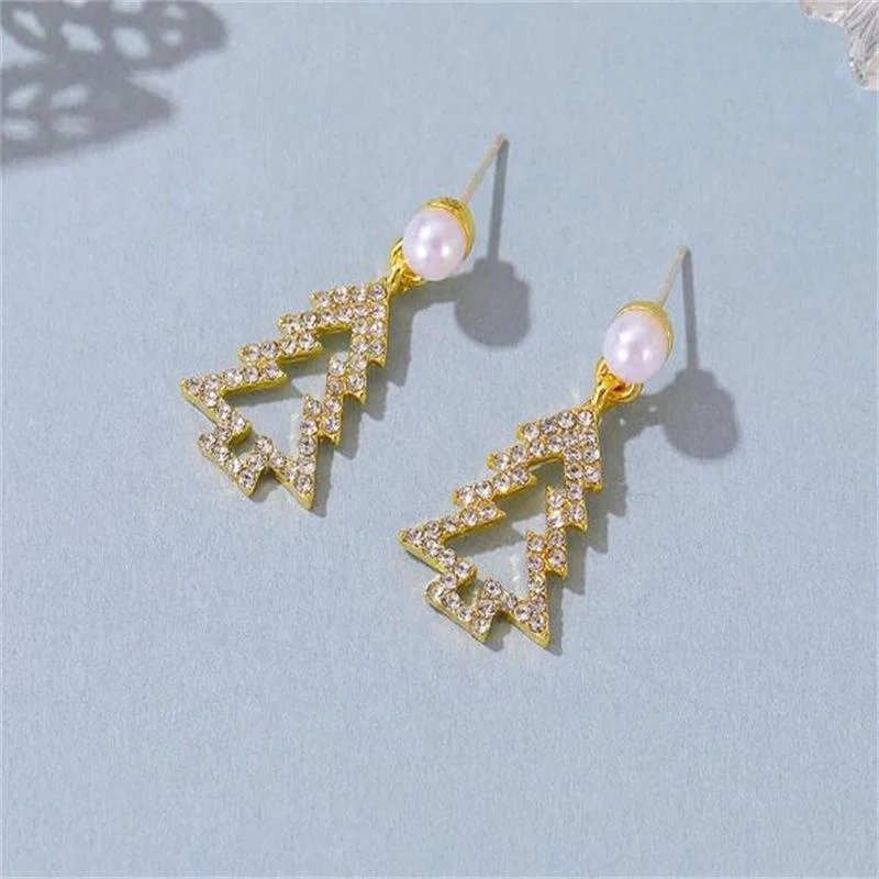 

2021 Christmas Ear Stud Zinc Alloy Cut Out Christmas Tree With Diamond Pearl Earrings Jewelry, Gold color