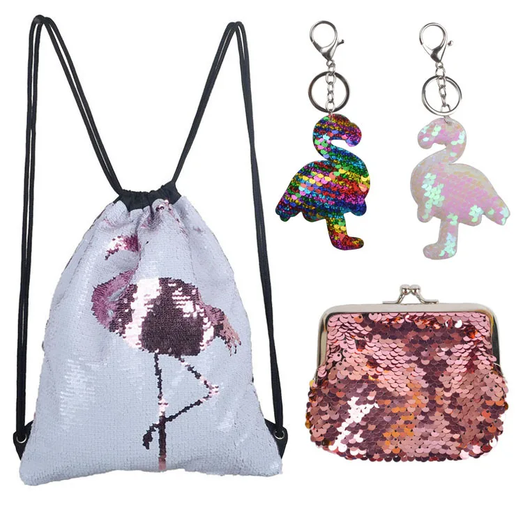 

Osgoodway2 Beautiful flamingo glitter kids gift bag set girls reversible sequin drawstring backpack gym bag, 4 color options