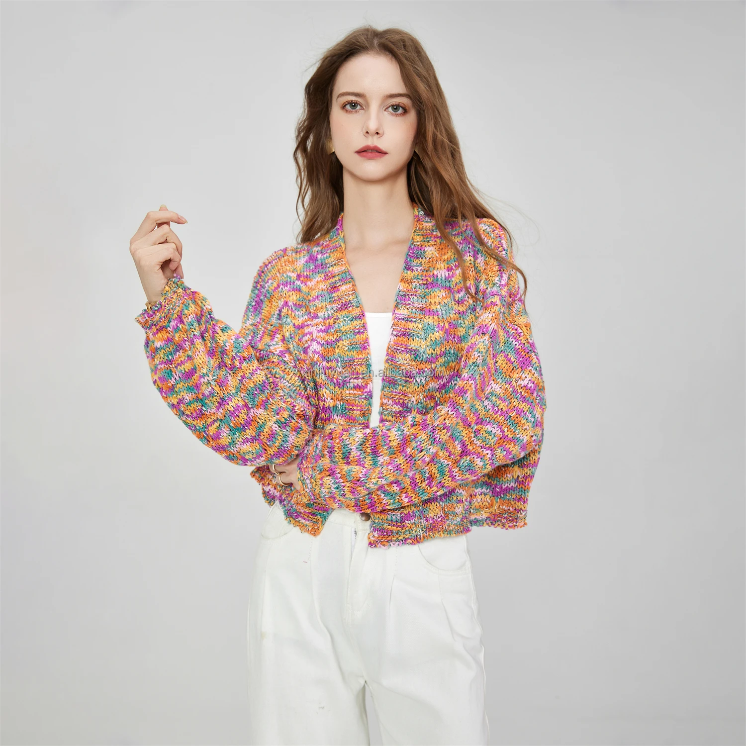 High-End Casual Women's Multi-Color Acrylic Knitted Cardigan Shawl Drop Shoulder Loose Long-Sleeved Knit Jacket Coat Unprinted