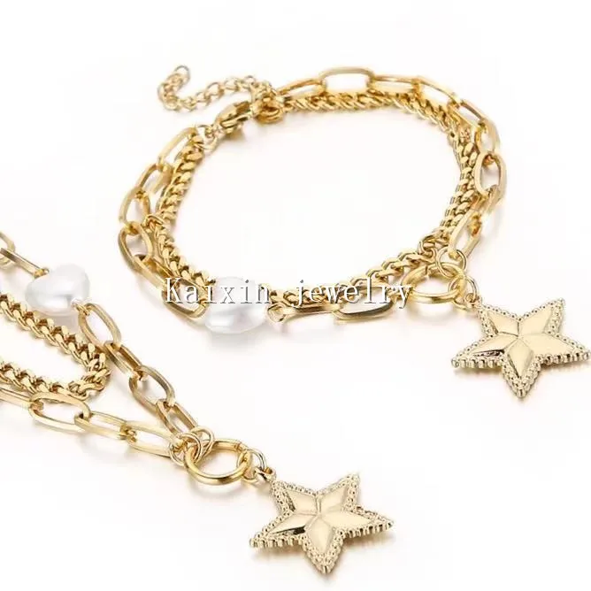 

New gold jewelry fashion Stainless Steel Star Double Necklace Bracelet women's set jewelry