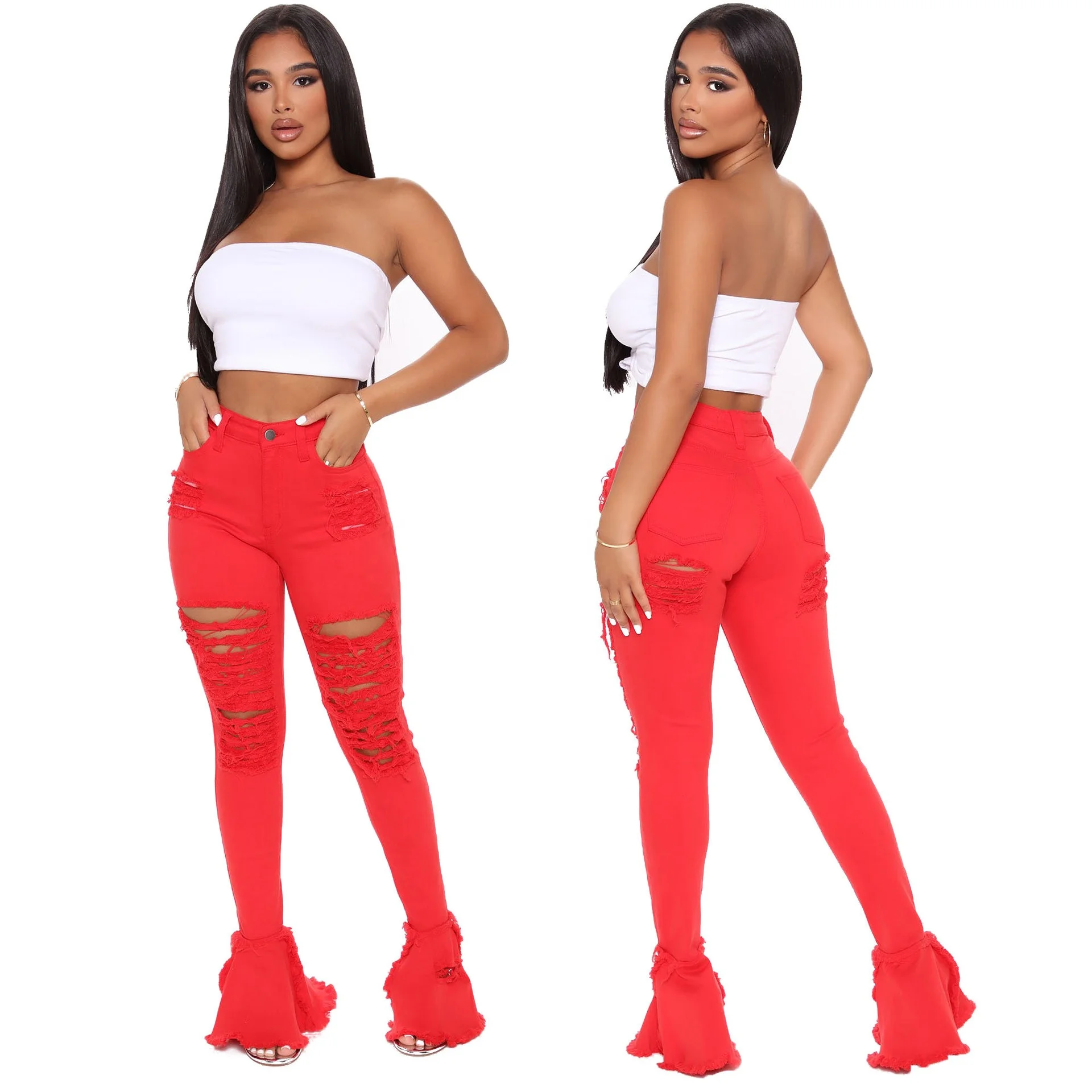 

Ready to ship low MOQ women jeans 2021 plus size red jeans women