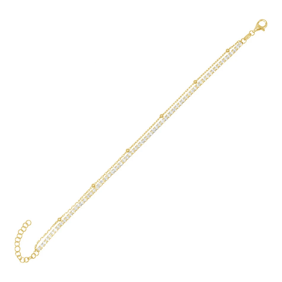 

Classic Double Chain 925 Sterling Silver 18k Gold Plated Ball Tennis Chain Cubic Zircon Bracelet For Women