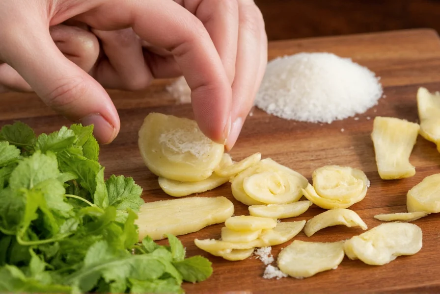Fresh ginger being sliced for pho broth preparation with traditional Vietnamese ingredients