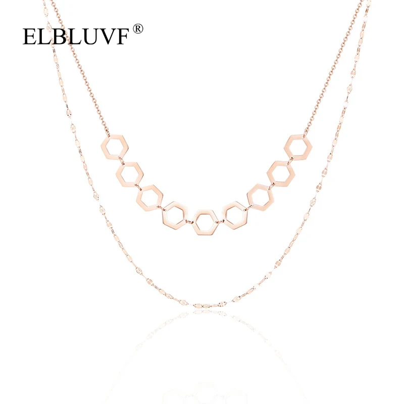 

ELBLUVF Free Shipping Fashionable Stainless Steel Rose Gold Plated Double Layer Polygon Necklace For Women, Rose goid
