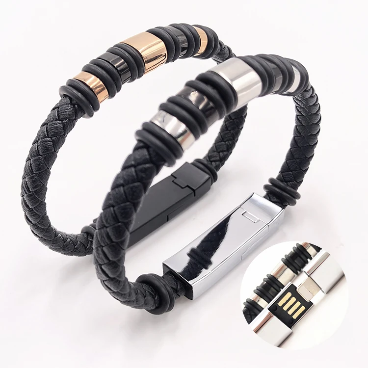 

usb bracelet micro usb type C Lightning leather data charging cable, Black,gold, silver, rose gold