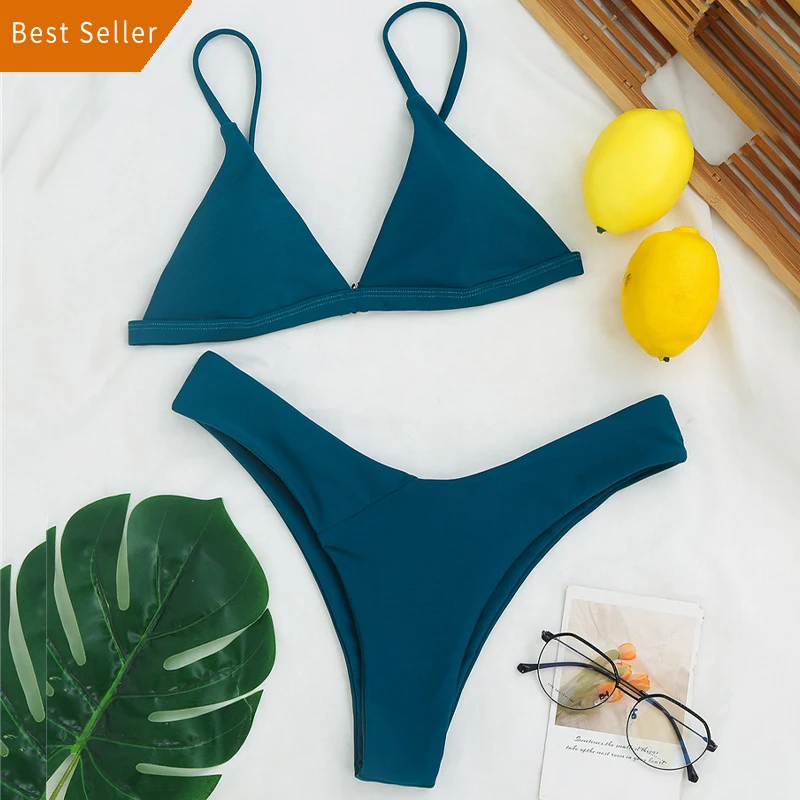 

Sexy V-bar Underwired Female Ribbed Swimsuit Women Thong Swimwear Two-pieces Bikini set Push up Bathing Suit Bikini 2021