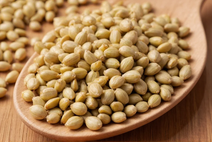 Close-up view of celery seeds showing their small, brown, ribbed appearance on a wooden spoon
