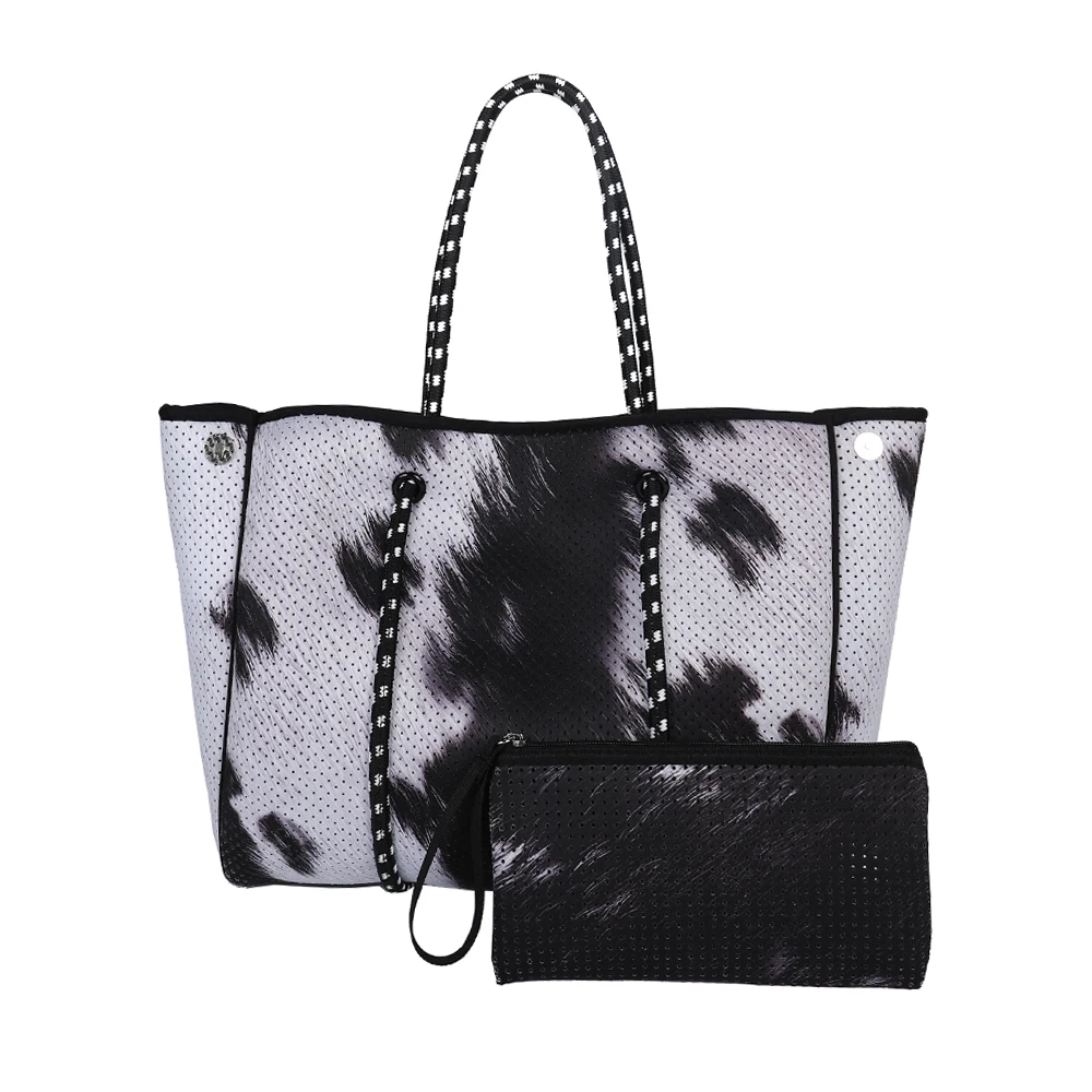 

Elegant Premium Ladies Shopping Purses Neoprene Luxury Women Black Cow Beach Tote Bag Shoulder HandBag Purse with Wristlet, Serape&leopard,leopard,rainbow,sunflower,black cow, cowboy etc