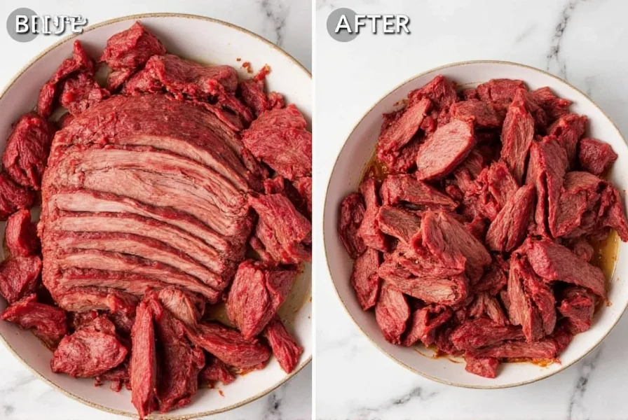 Beef brisket cut before and after slow cooking for chili, showing texture transformation
