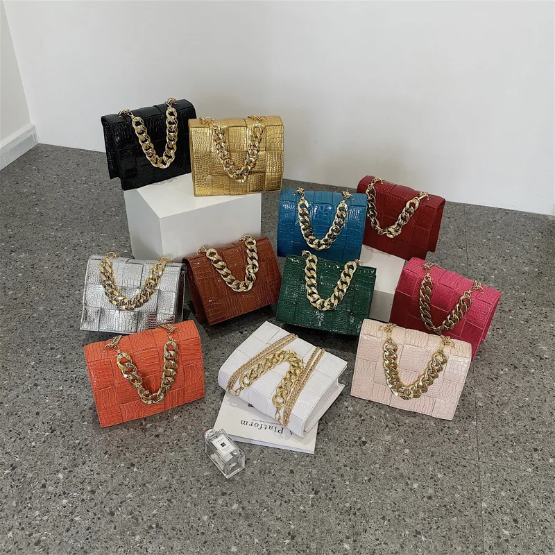 

Girls Popular PU Leather Weave Shoulder Purses For Ladies New Fashion Thick Chain Hand Bags Latest Woman Handbags, 11 colors