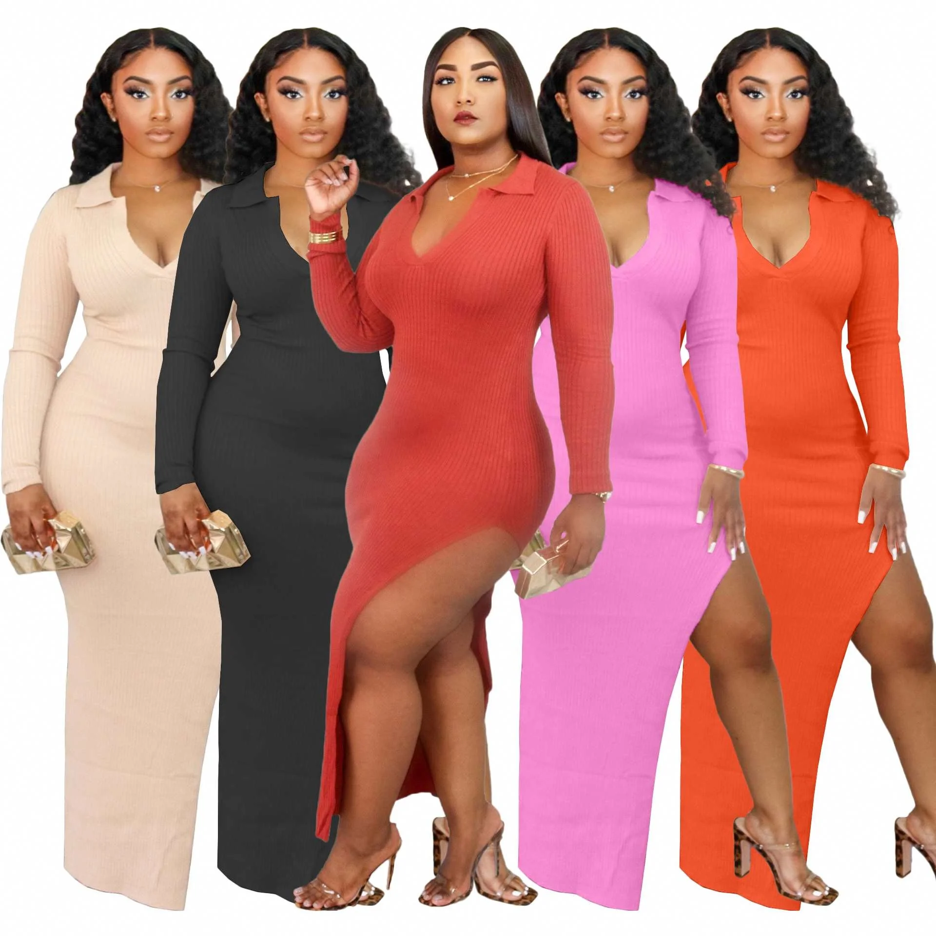 

HM6349 new fall ladies high quality casual solid color clothing long sleeve slim tight sweater dresses for women