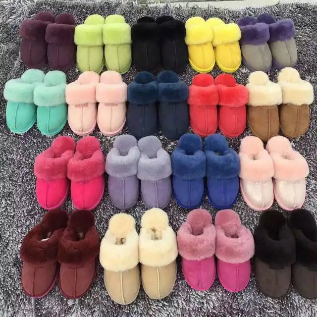 

Fashion indoor fuzzy parent-child warm winter fur slippers sheepskin fur slides for women, Single color and mixed color or custom