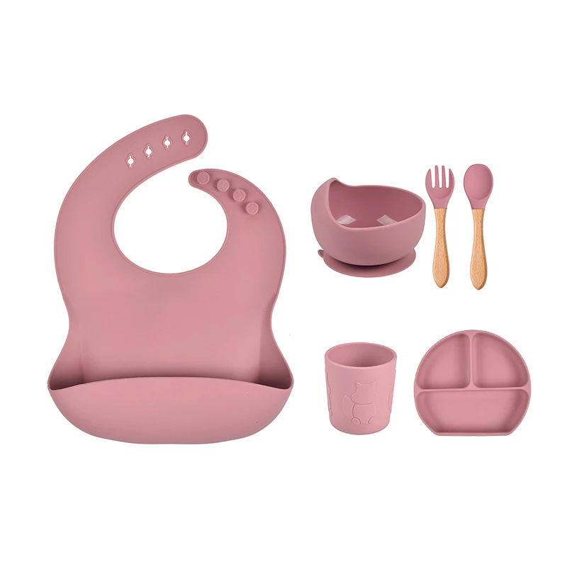 

E BS-005 Wholesale Hot Selling Standard 100% Food Grade Silicone Suction Dinner Tableware Baby Silicon feeding Feeding Set 6 Pcs, Multicolor