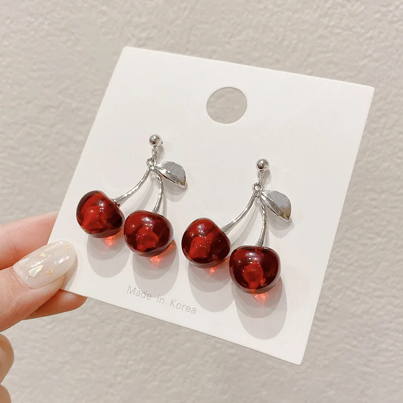 

HOVANCI New Fashion Red Fruits Cherry Earrings Jewelry Silver Plated Cherry Drop Earrings For Women 2020, As picture show