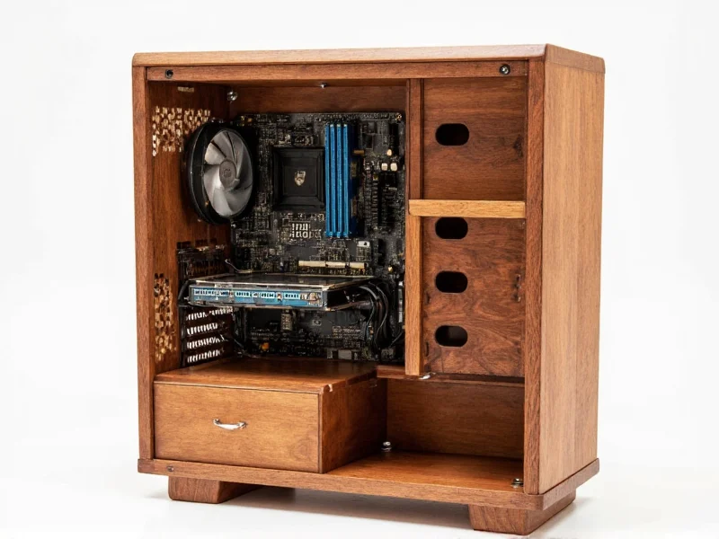DIY wooden computer case with visible motherboard