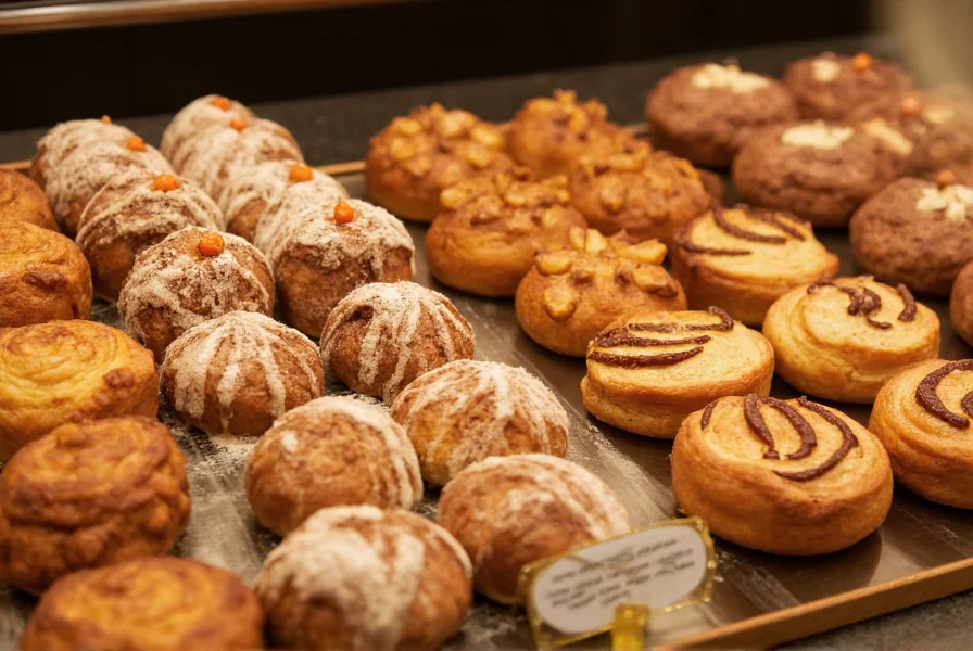 Seasonal cinnamon bakery display featuring autumn-themed cinnamon rolls and pastries