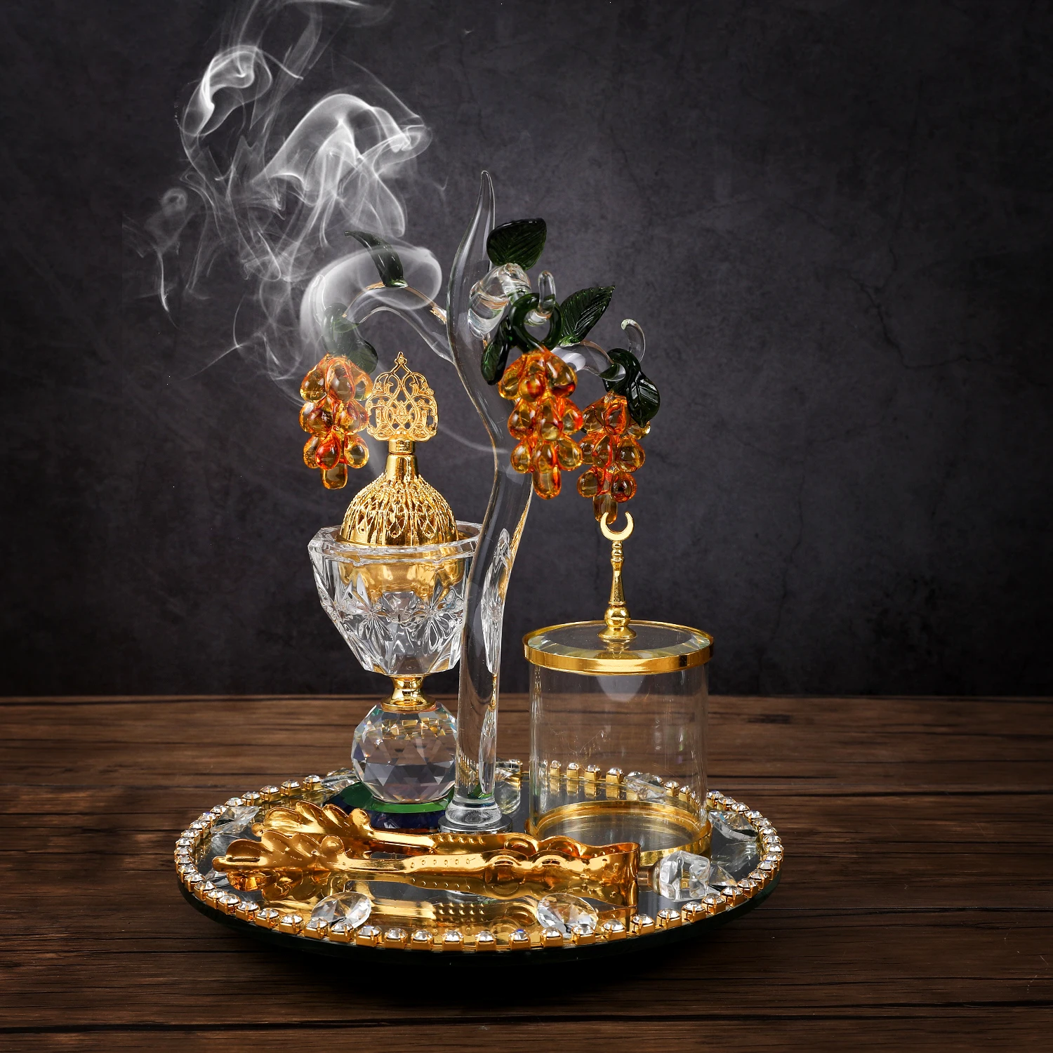 

QIAN HU New Arrived 2022 Luxury Arabic Crystal Glass Grape Incense Burner Holder Home Decoration, Gold