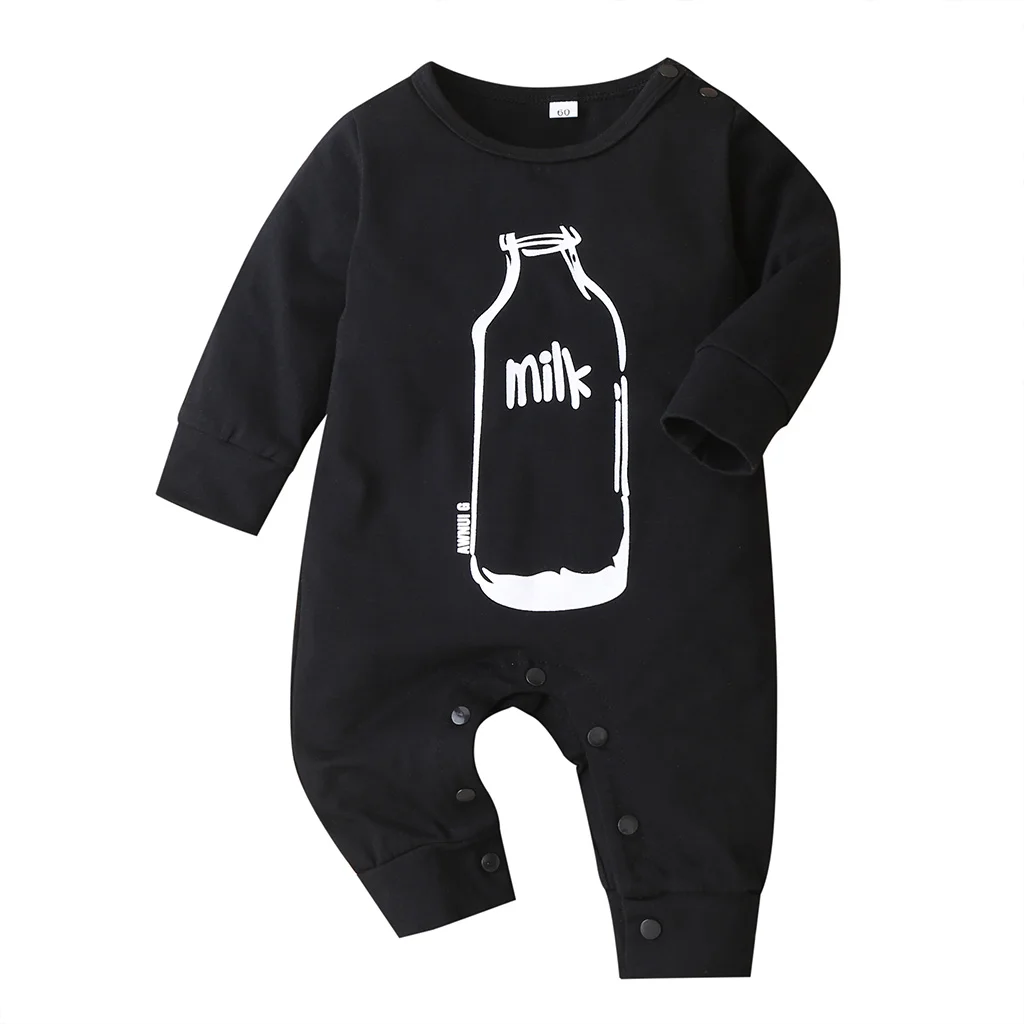 

Wholesale China Guangdong Original Factory Milk Bottle Printed Newborn Baby Unisex Black Long Sleeve Rompers