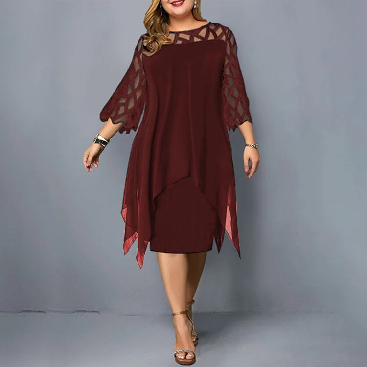 

2021 Fashion Dresses Women Lace Splicing Irregular Hem Lace Skirt Casual Chiffon Long Dress Women Chiffon Dress Deep V skirt