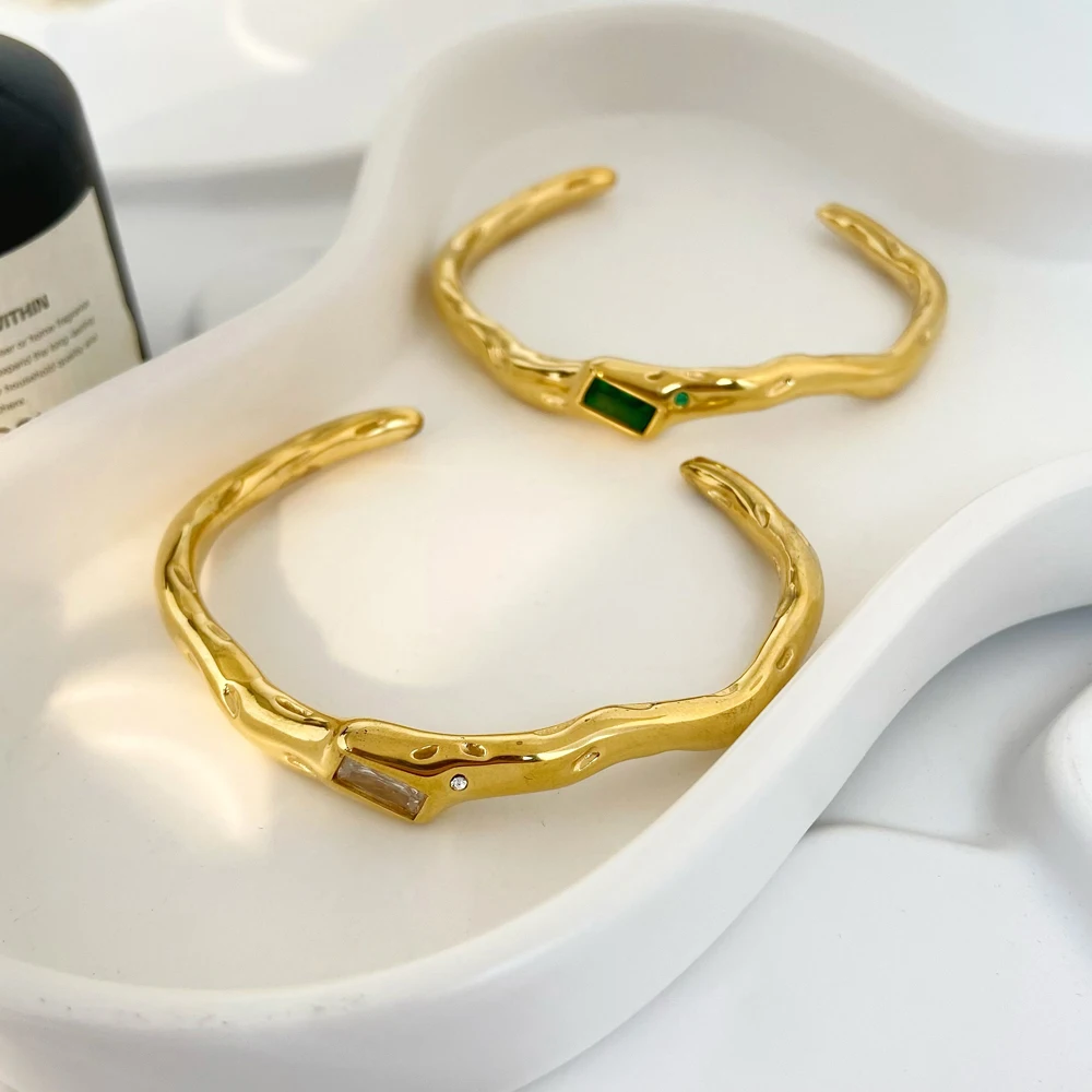 

fashion jewelry 2024 Irregular Vintage Cuff Bangle Gold Plated Jewelry Square Zircon Stainless Steel Bangles Jewelry Women