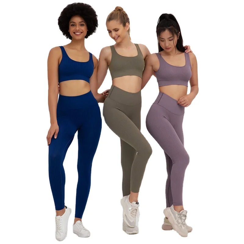 

Ropa De Yoga Women Gym Wear Fitness Clothing Workout Ribbed High Waist Leggings Yoga Sports Bra Set Women Seamless Yoga Suit