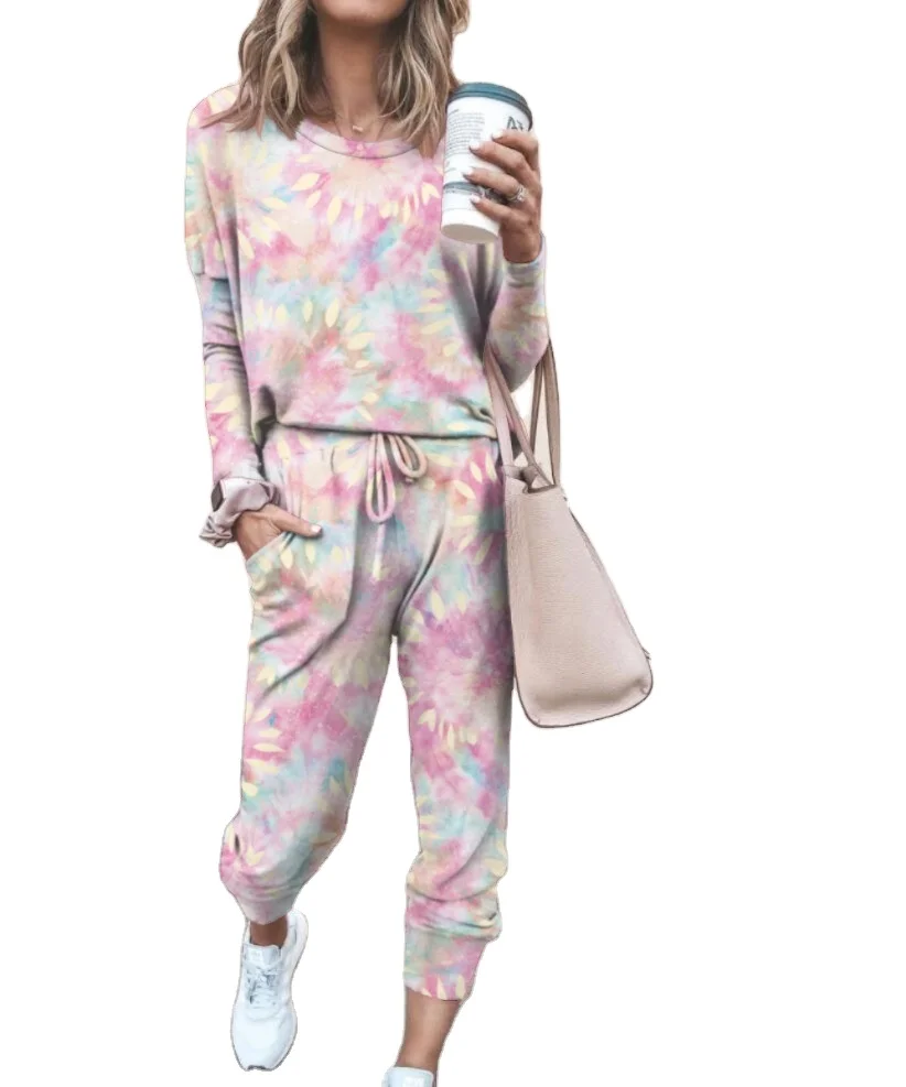 

wholesale printed casual home wear long sleeve women's suit autumn two piece set women clothing