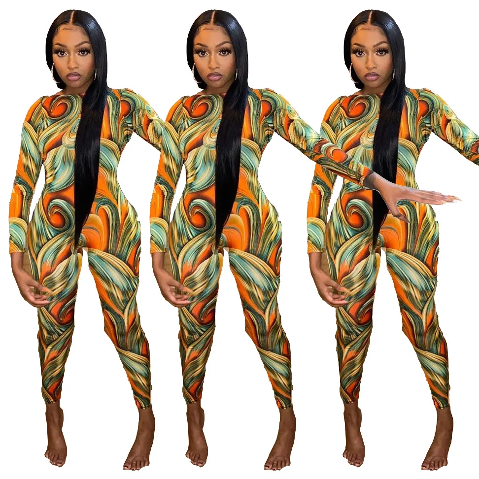 

WW-1367 Women's Abstract Printing Backless Long-sleeved Jumpsuits Long Sleeve One Piece Backless Print Jumpsuit Women, Customized color