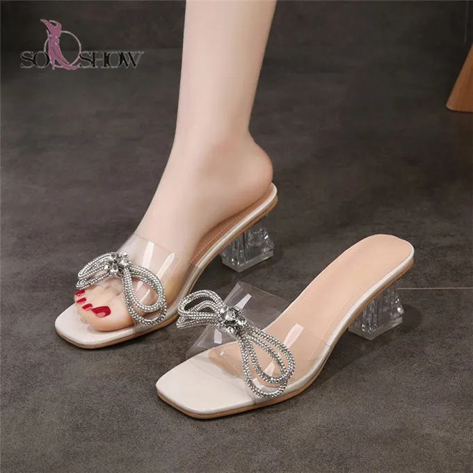 

New arrival fancy design PVC upper slippers with Rhinestone high heel women sandals