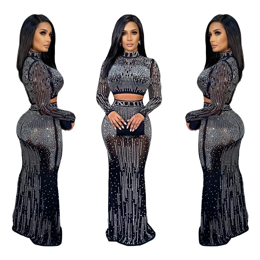

Fall Women Prom Dress Evening Fashion Sexy Half length women Skirts Set elegant Solid color grid Two Piece Set skirt women