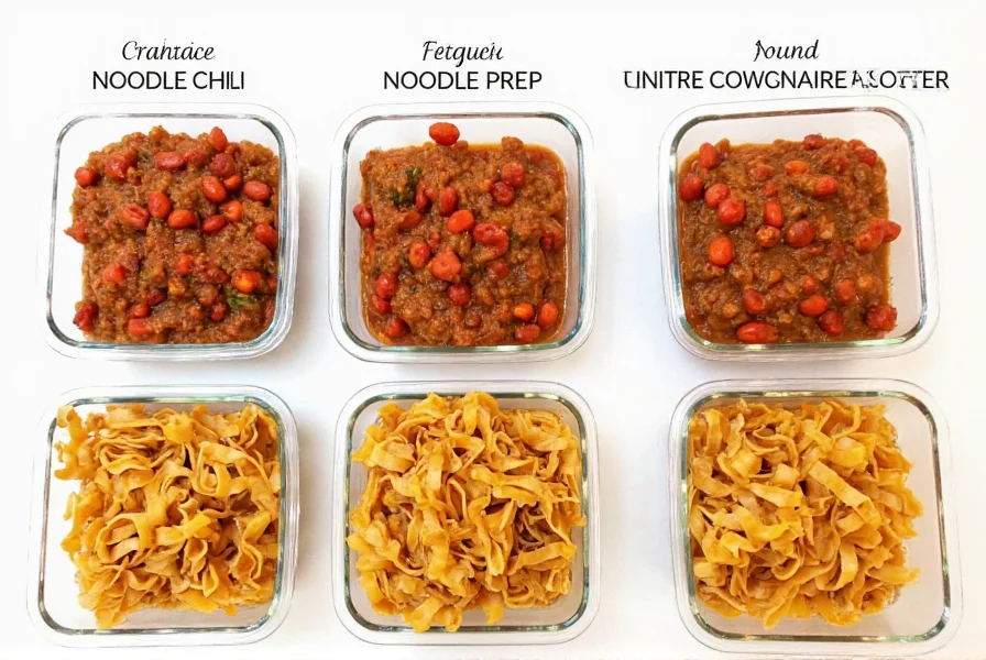 Proper storage containers showing noodle chili components separated for optimal meal prep and reheating