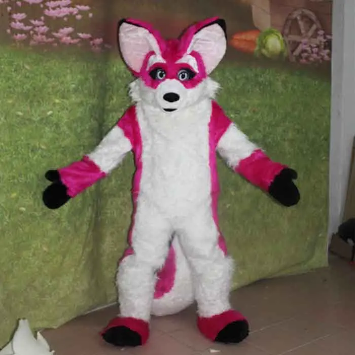 

Pink Husky Mascot Costume Adult Wolf Fox Dog Costume Long Fur Fancy Suit for sale