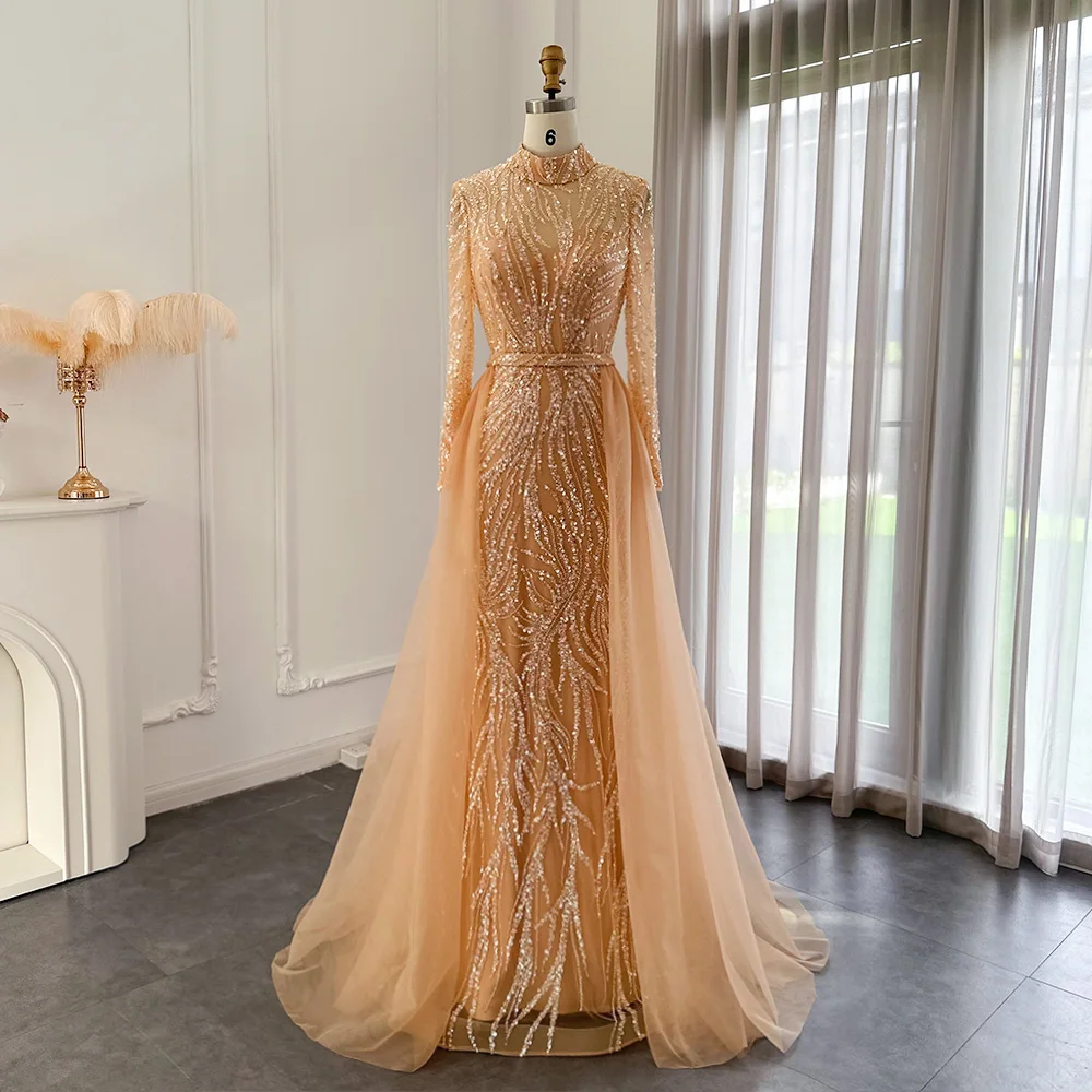 

Elegant Gold Mermaid Arabic Evening Dress With Overskirt Long Sleeves Luxury Muslim Wedding Formal Party Gown Scz163