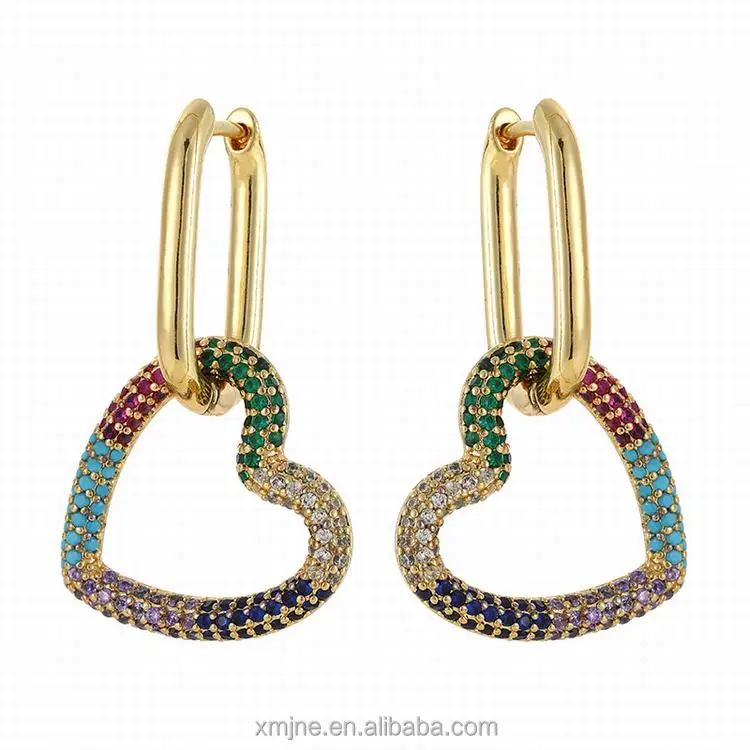 

European And American Fashion Hip-Hop Ladies Heart-Shaped Earrings Colorful Zircon Micro-Inlaid Earrings