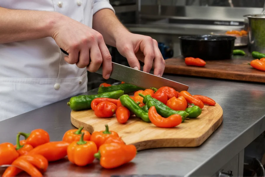 Chef's hands preparing various fresh peppers on stainless steel kitchen counter