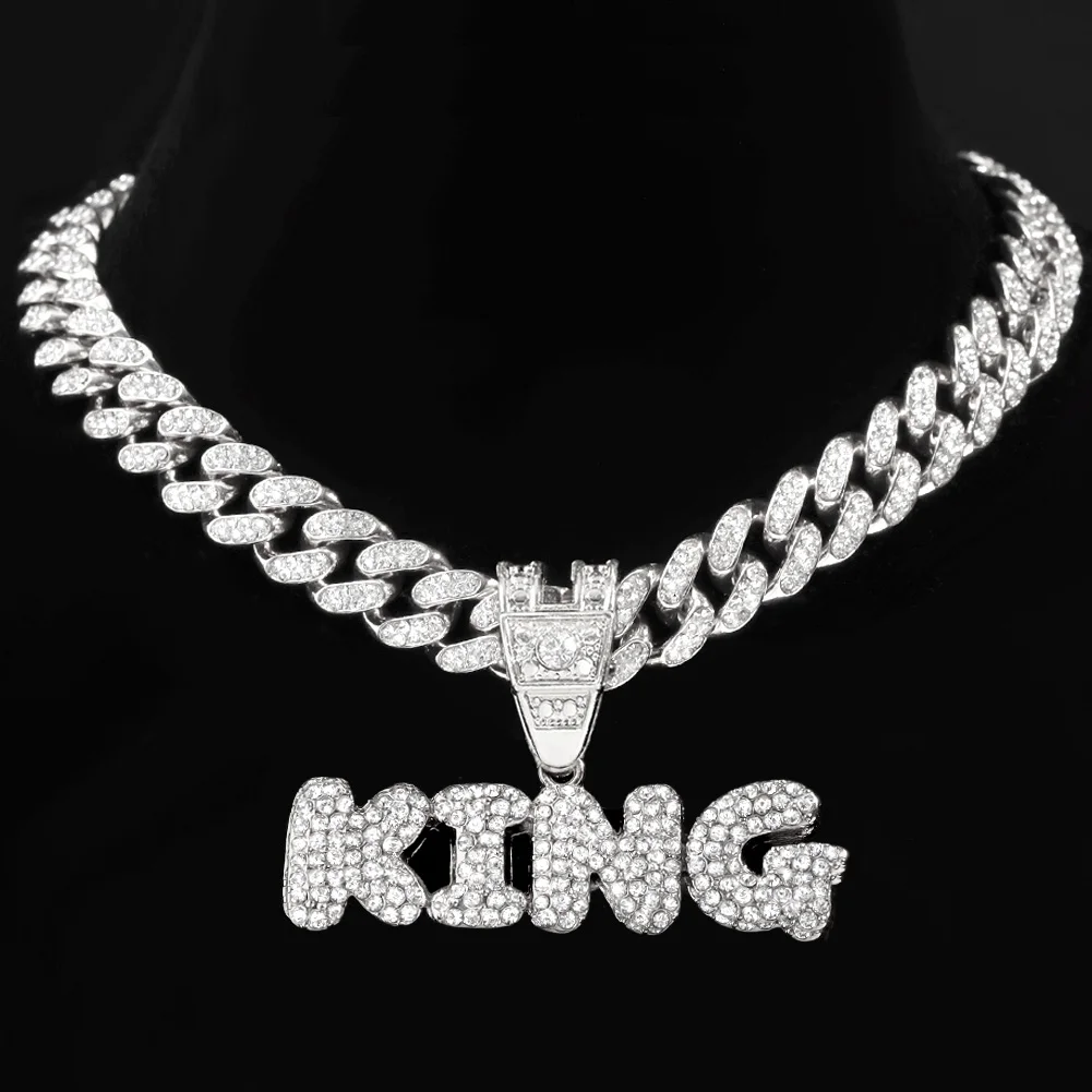 

New Fashion Party Hip Hop Jewelry Bling Full Rhinestone KING Letter Pendant Cuban Link Chain Iced Out Necklace For Women Men, Gold sliver color