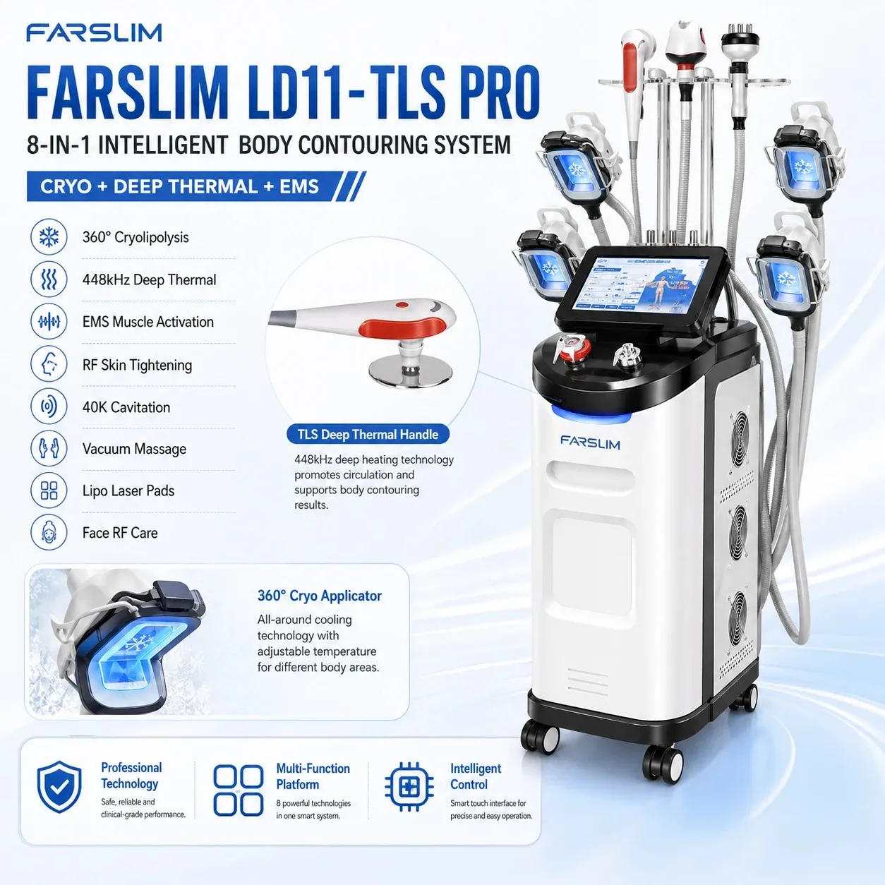 FARSLIM LD11-TLS PRO 8-in-1 intelligent body contouring system with cryolipolysis, 448kHz thermal energy, and EMS.
